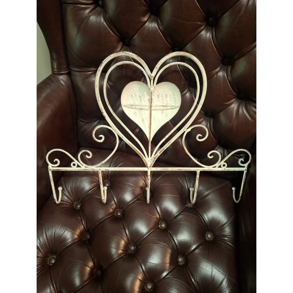Vintage Shabby Chic White Metal Wall Shelf Hook Coat Rack Heart Distressed
